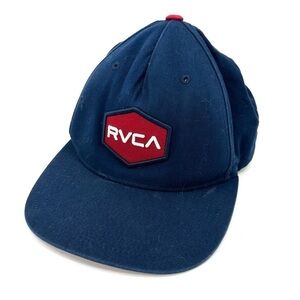 RVCA Commonwealth Snapback Hat Flat Brim Raised Logo Blue Red Mid Fit